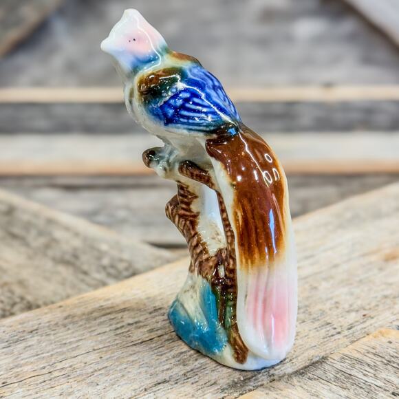 Vintage Small Porcelain Bird Figurine w/ Long Tail Perched on Branches, 3.5”H - Picture 2 of 7